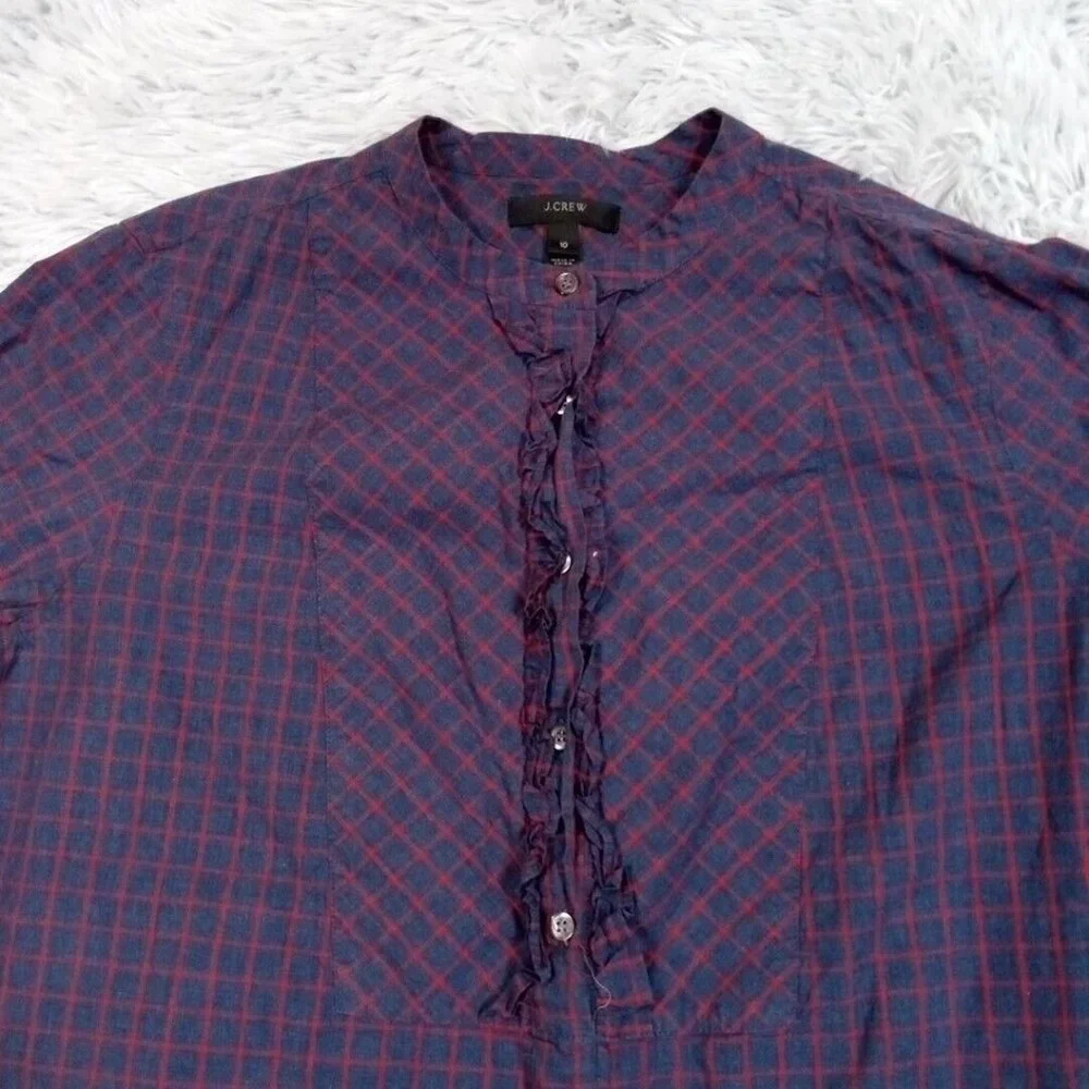 J. Crew Womens Shirt Blue 10 Ruffle Top Career Casual Comfort Check Buttons - Picture 3 of 10